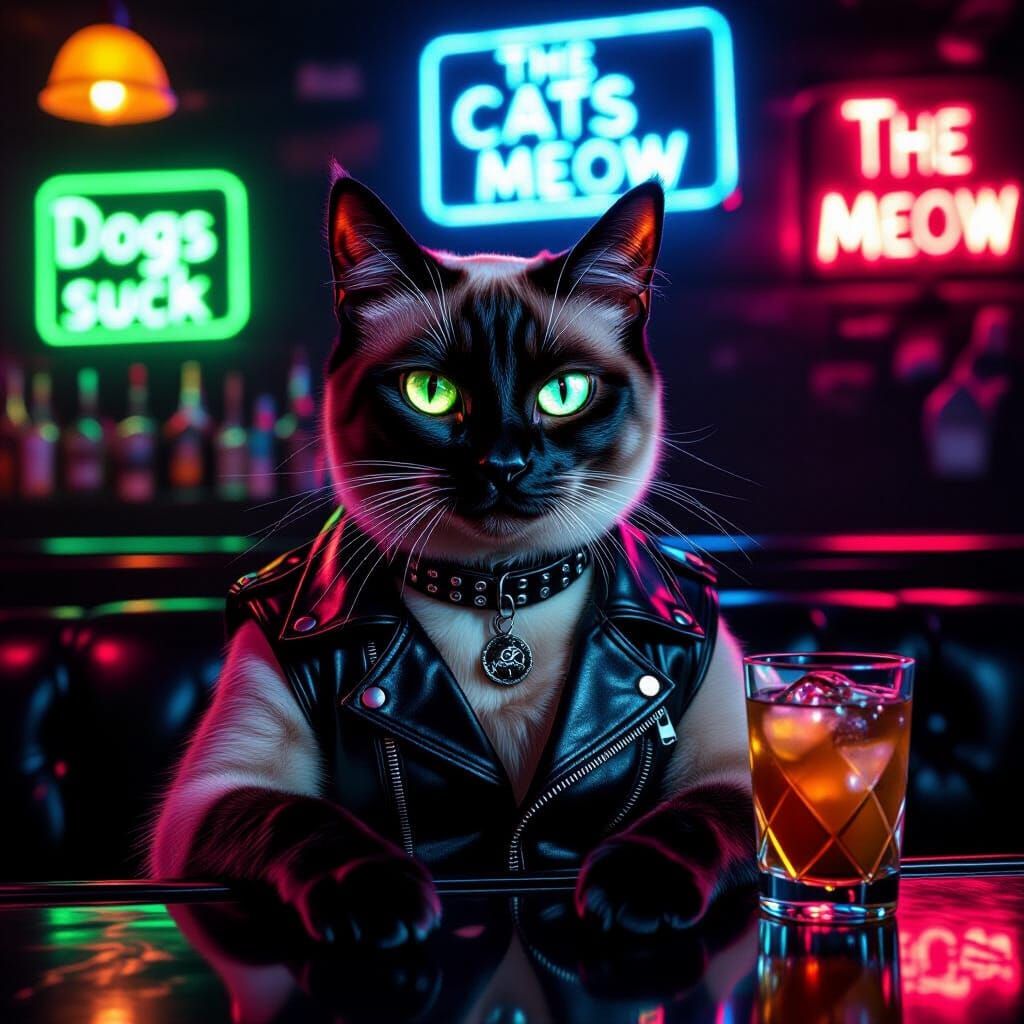 Hyperrealistic Siamese Cat Biker at Neon Bar
