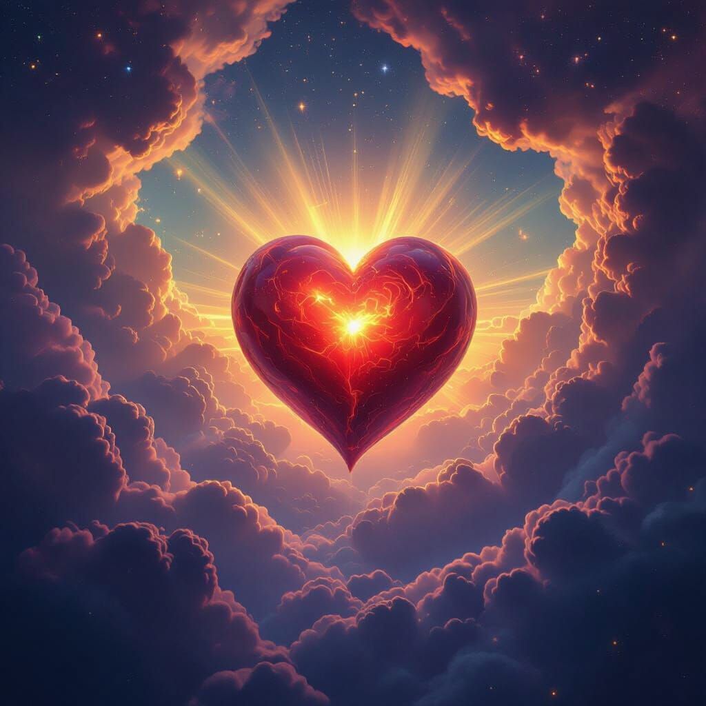 Bioluminescent Heart Descends Through Nebula Clouds