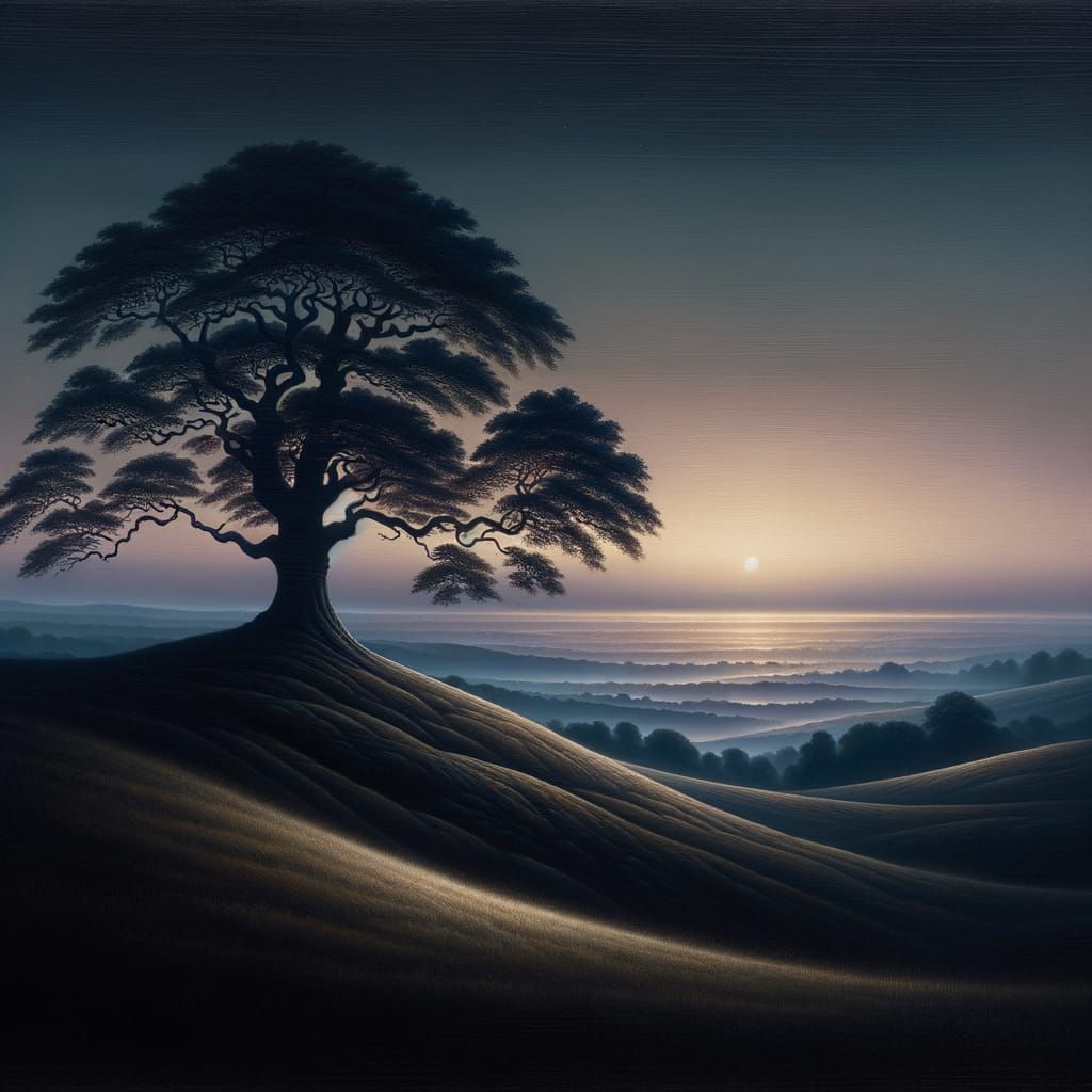 Serene Twilight Landscape Painting with Ancient Tree