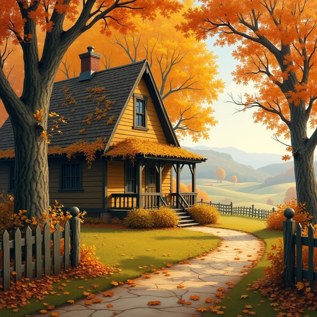 Rustic Cottage in Autumn Landscape, Folk Art Style