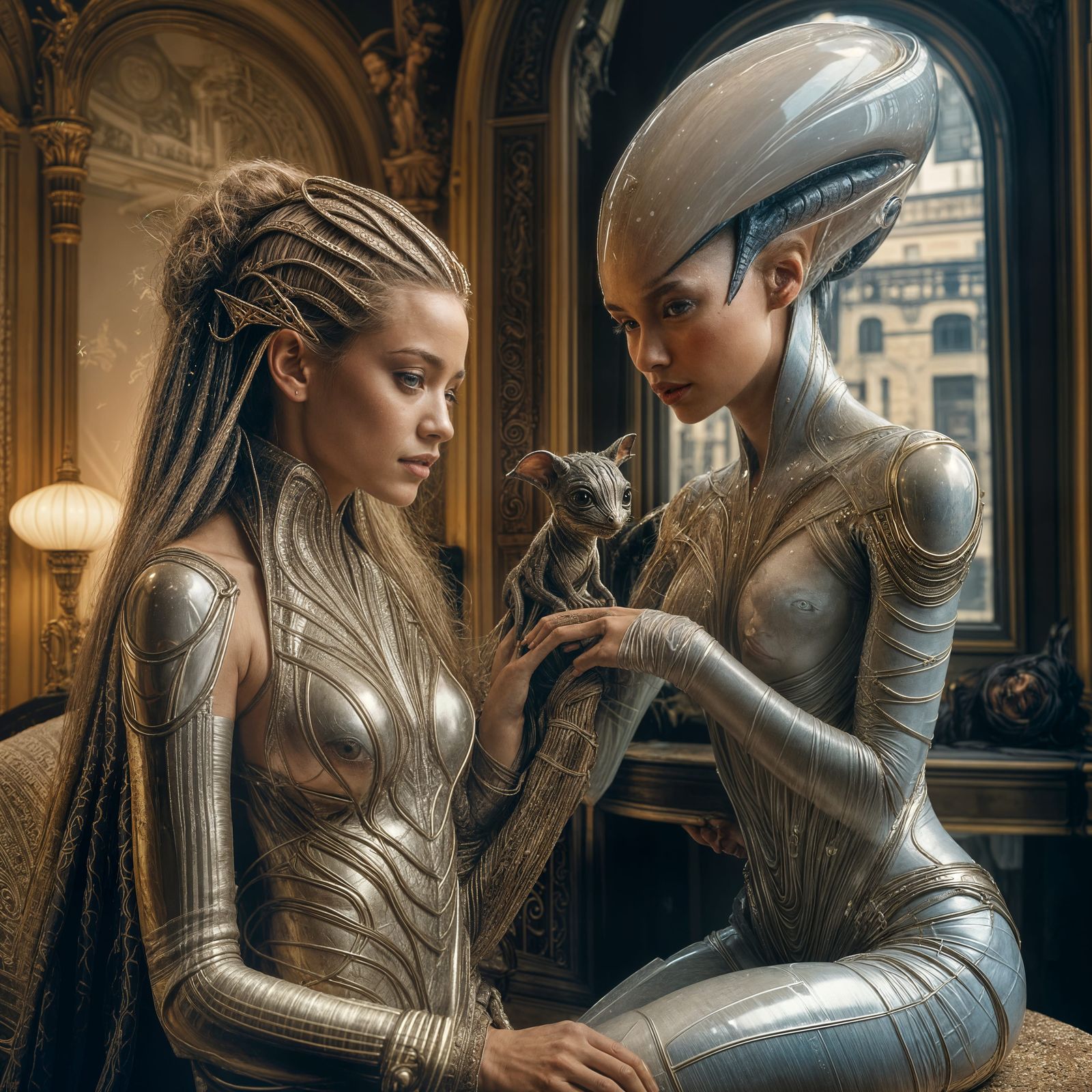 Exotic Party: Smiling Aliens and Humans in City Home