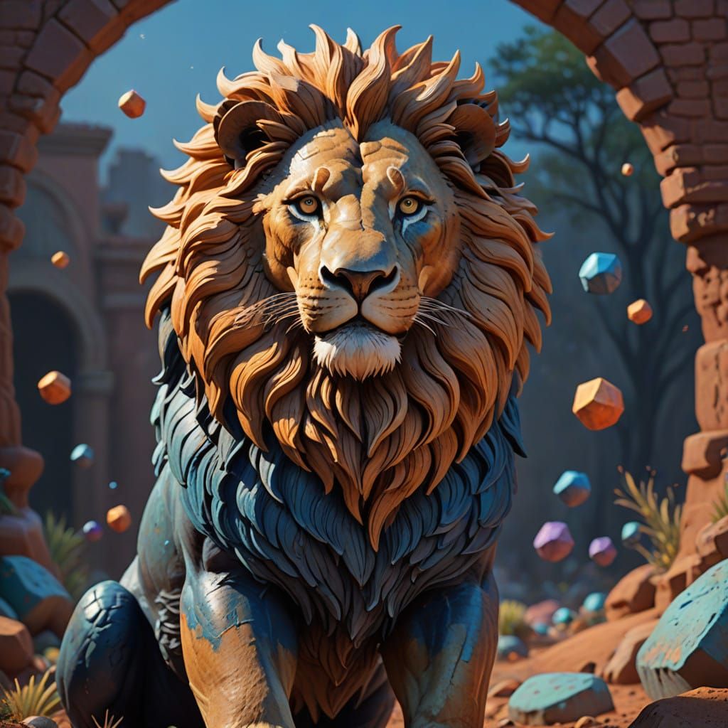 Majestic Lion in Clay Appendage, Amidst Vibrant Sunset Backg...
