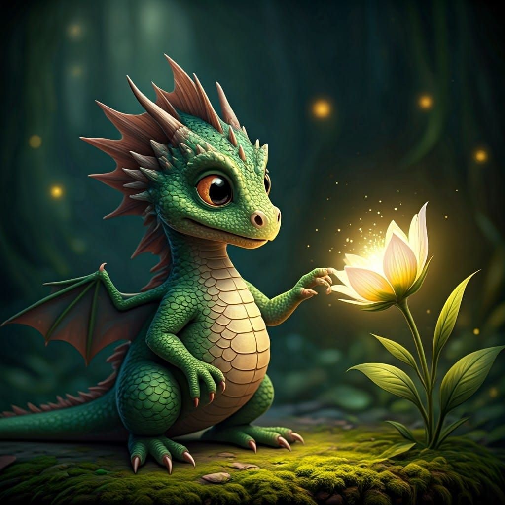 Enchanting Green Dragon Touches Magical Flower