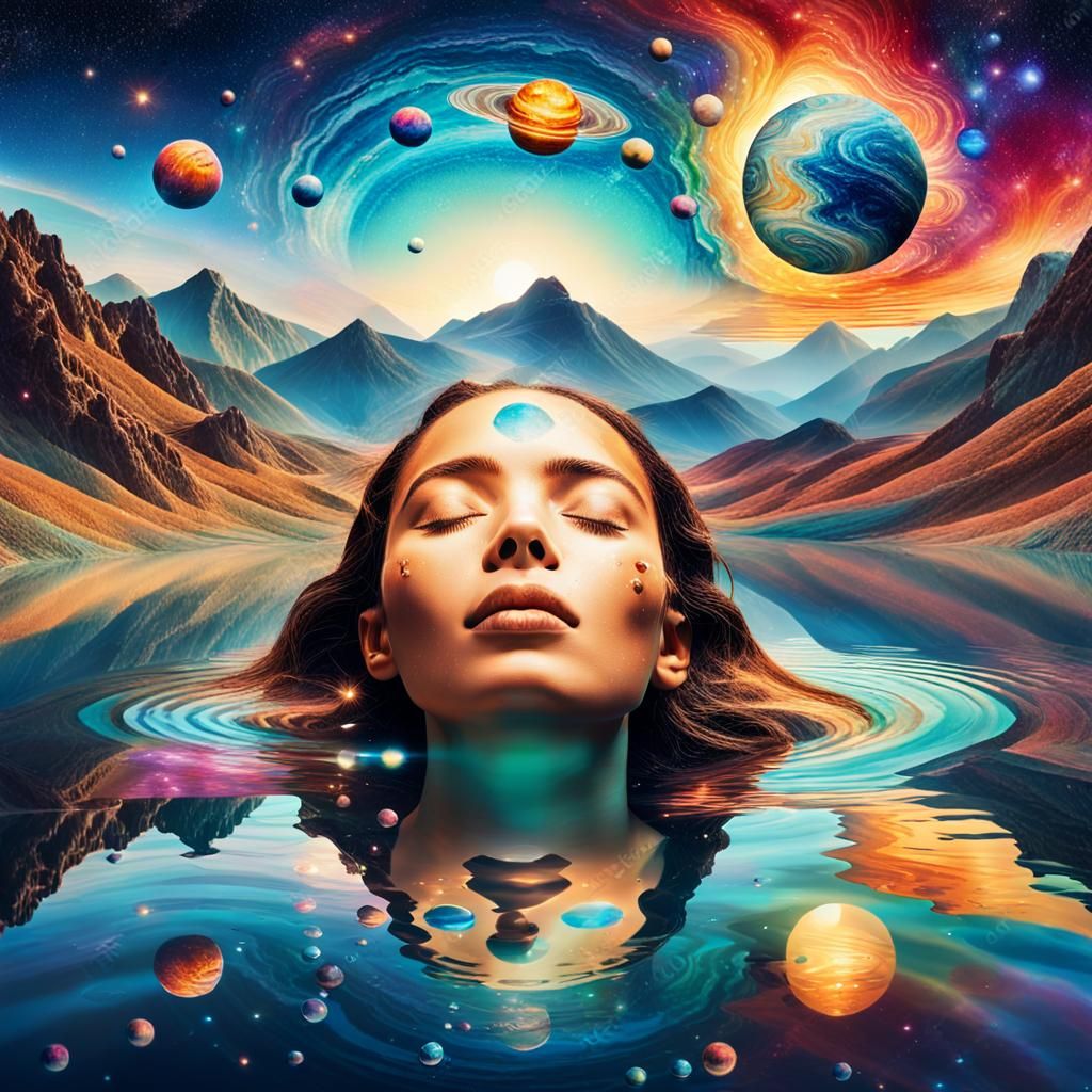 Surreal Collage of Woman's Face with Galaxies