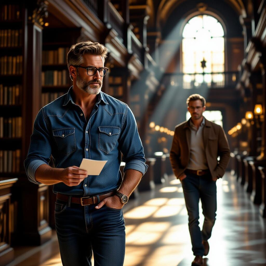 Muscular Man in Library with Dramatic Lighting