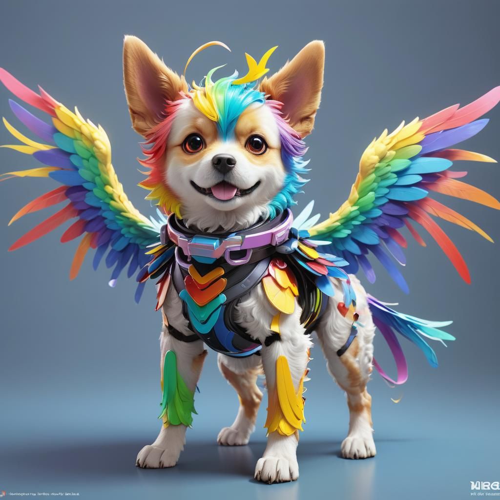 Rainbow Noodle Dog with Wings in Anime Style