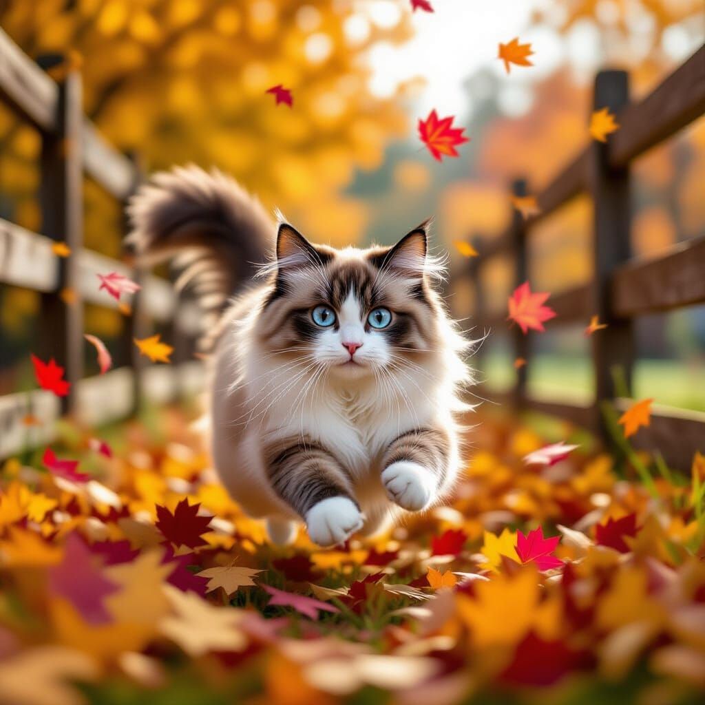 Ragdoll Cat Pouncing on Autumn Leaves in Painterly Style