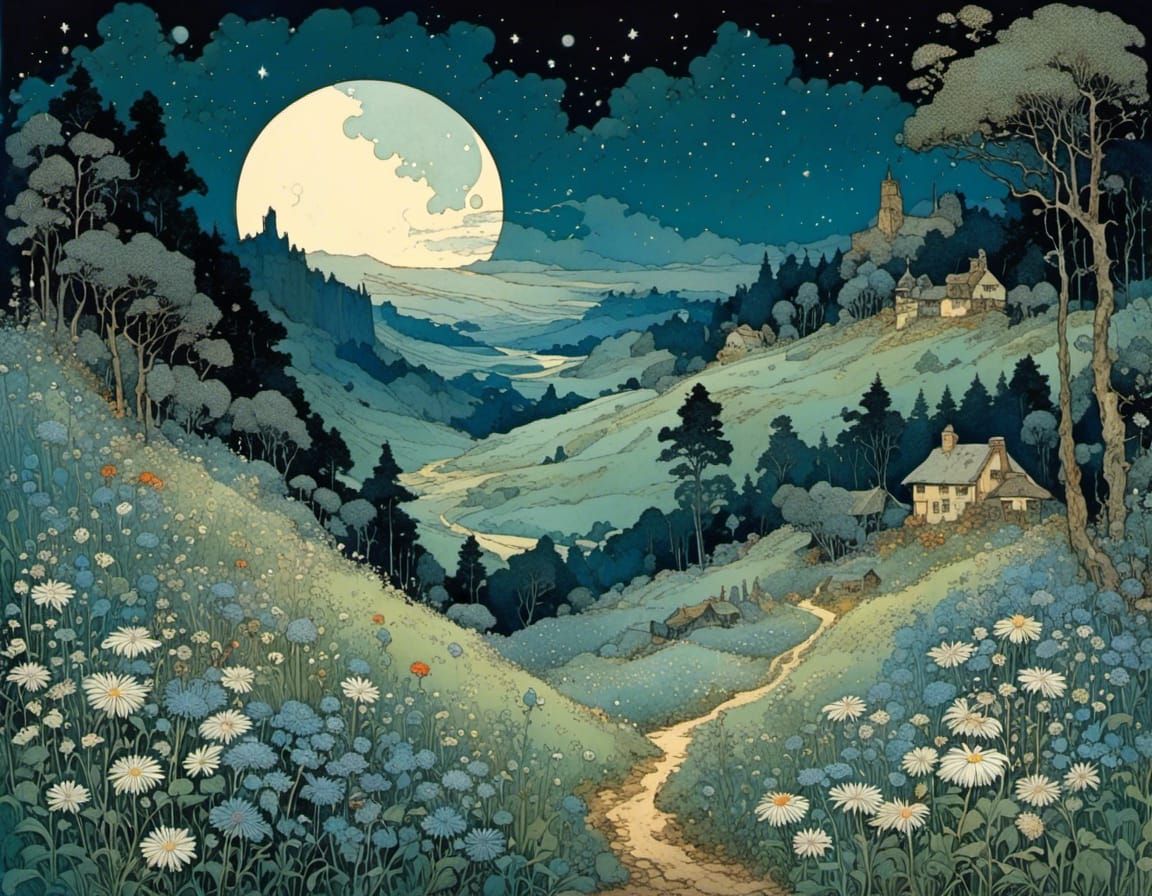 Dreamy Valley Wildflowers Under Moonlight, Digital Art