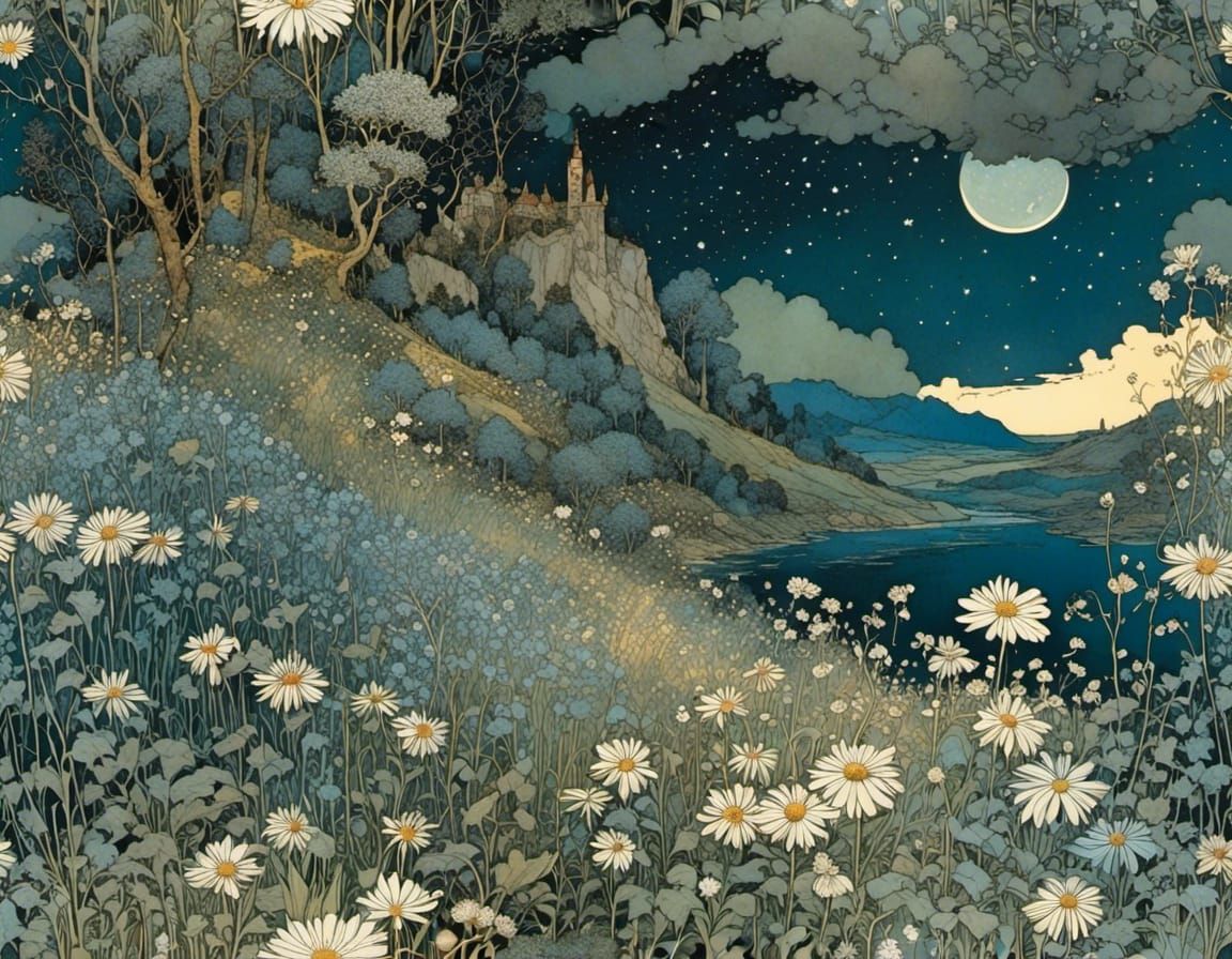 Moonlit Landscape with Wildflowers and Stars in a Dreamlike ...