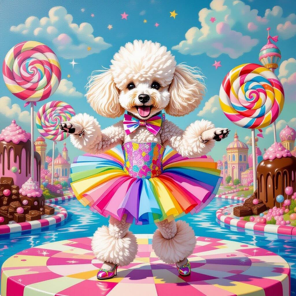 Poodle's Candy Stage Tap Dance in Vibrant Oil Painting Style