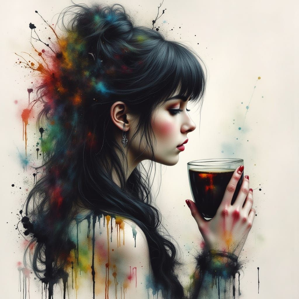 Gothic Woman Sipping Coffee: Watercolor Double Exposure