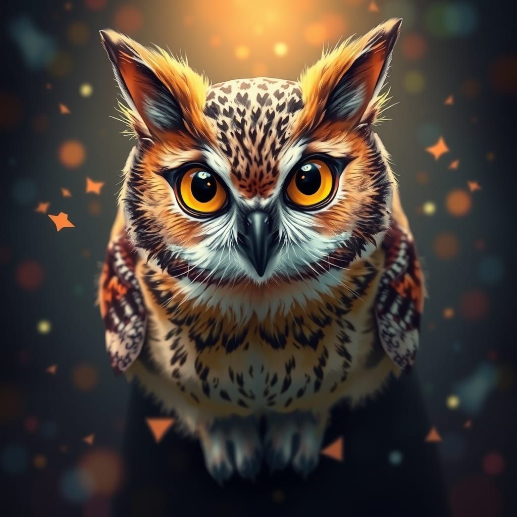 Owl with cat ears and paws looking down at viewer from above...