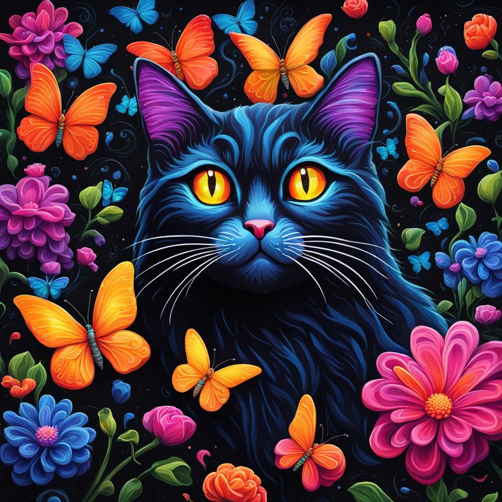 Neon Cat with Flowers and Butterflies in 3D