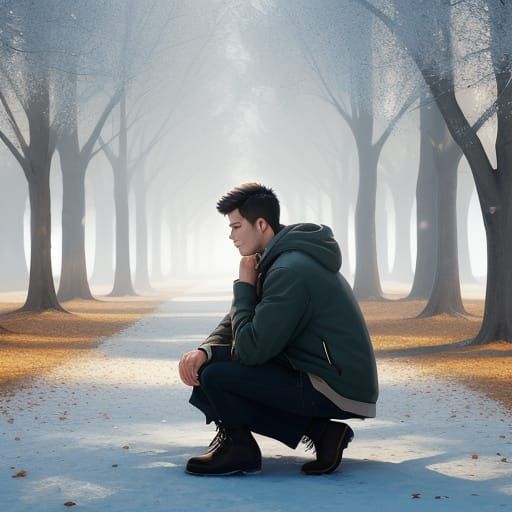 Frosty Park Bench in Golden Autumn Light