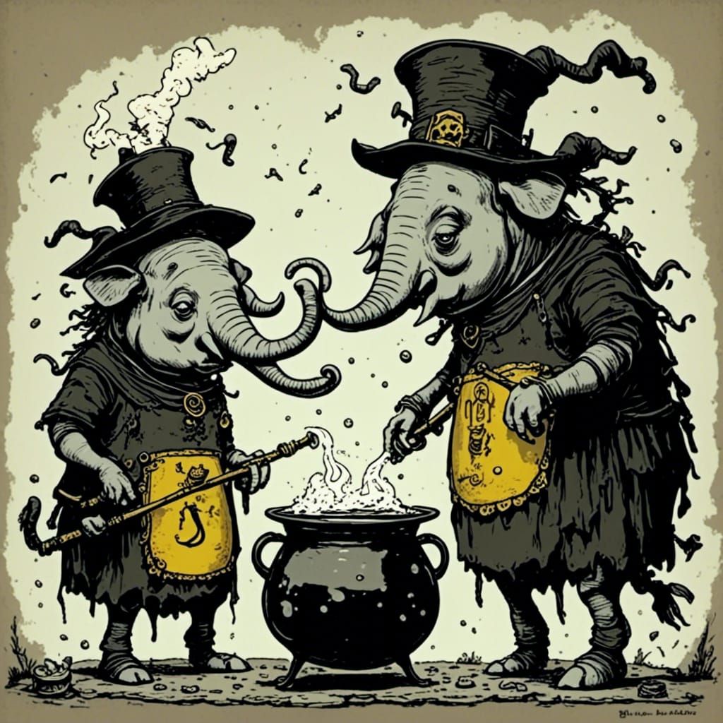 Cartoon Witch Rides Elephant in Storybook Style