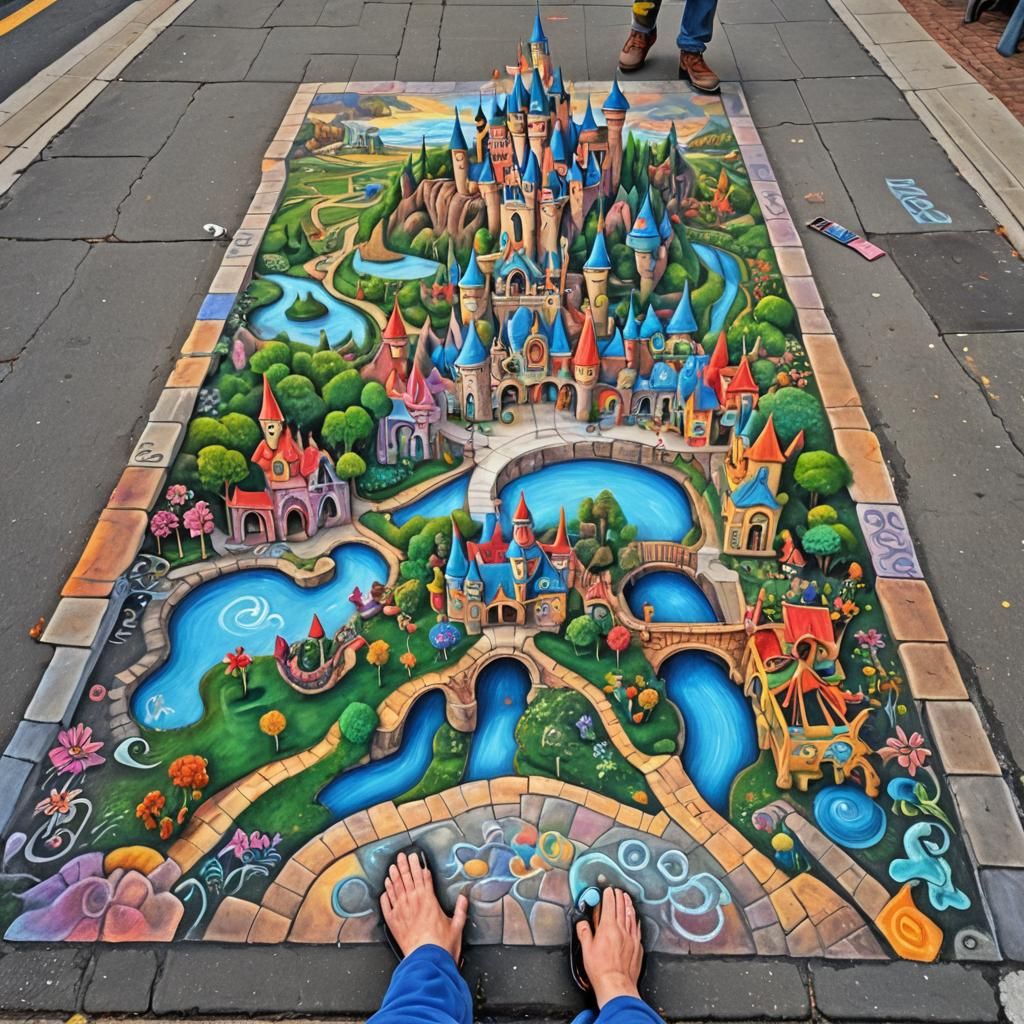 Sidewalk Chalk Artist Creates 3D Fantasy Graffiti