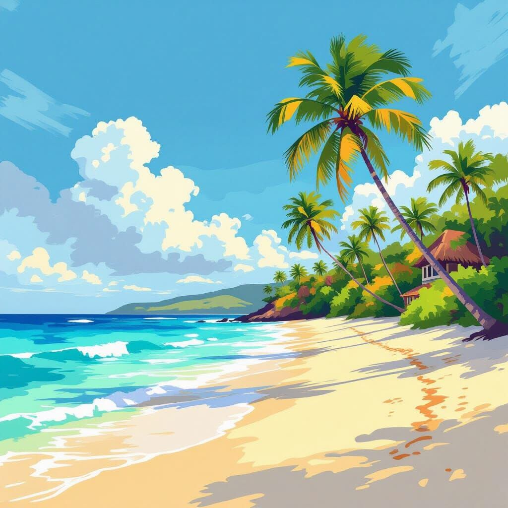 Turquoise Beach Scene in Impressionist Style