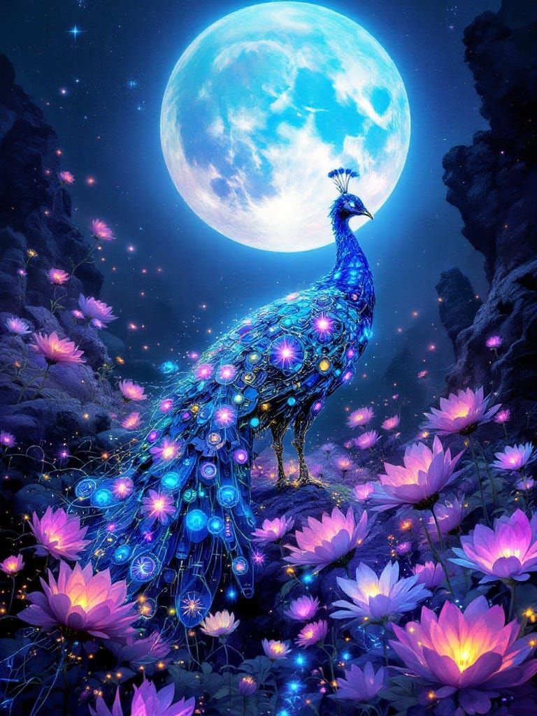 Glowing Biopunk Peacock under a Full Moon