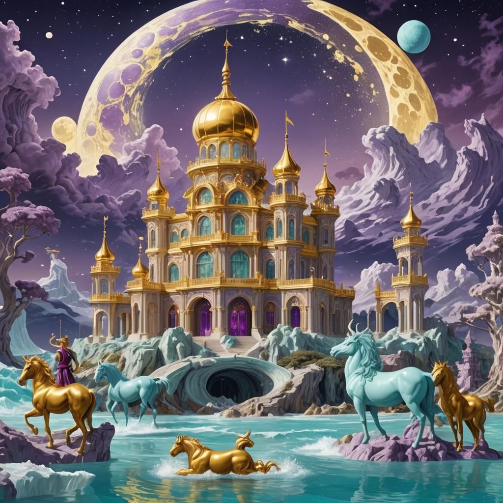 Centaurs by Golden Palace on Island at Night