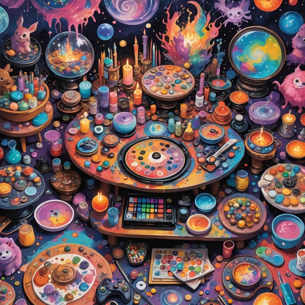 Whimsical Art Table with Toys, Fantasy Concept Art