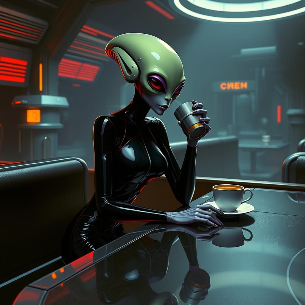 Alien Sips Coffee at Sci-Fi Table
