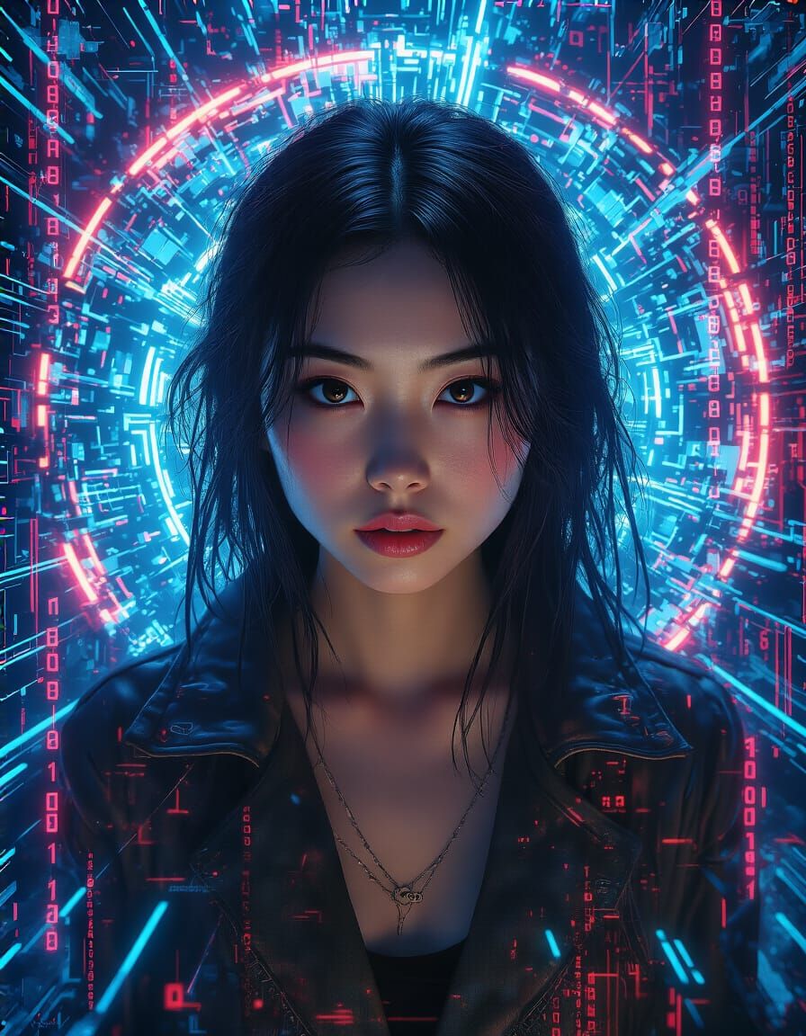 Cyberpunk Portrait of Alluring Asian Woman Amidst Digital El...