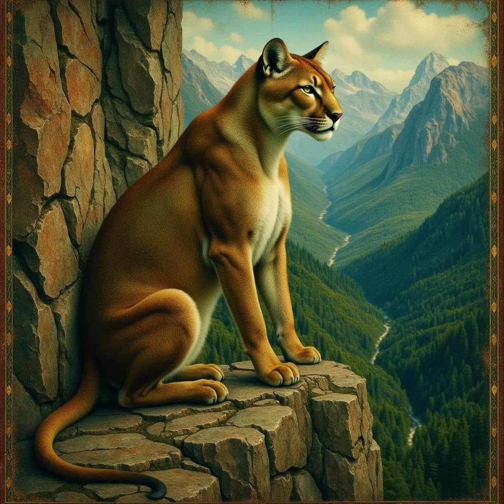 mountain lion atop a forested craggy cliff. <lora:Archetypal...