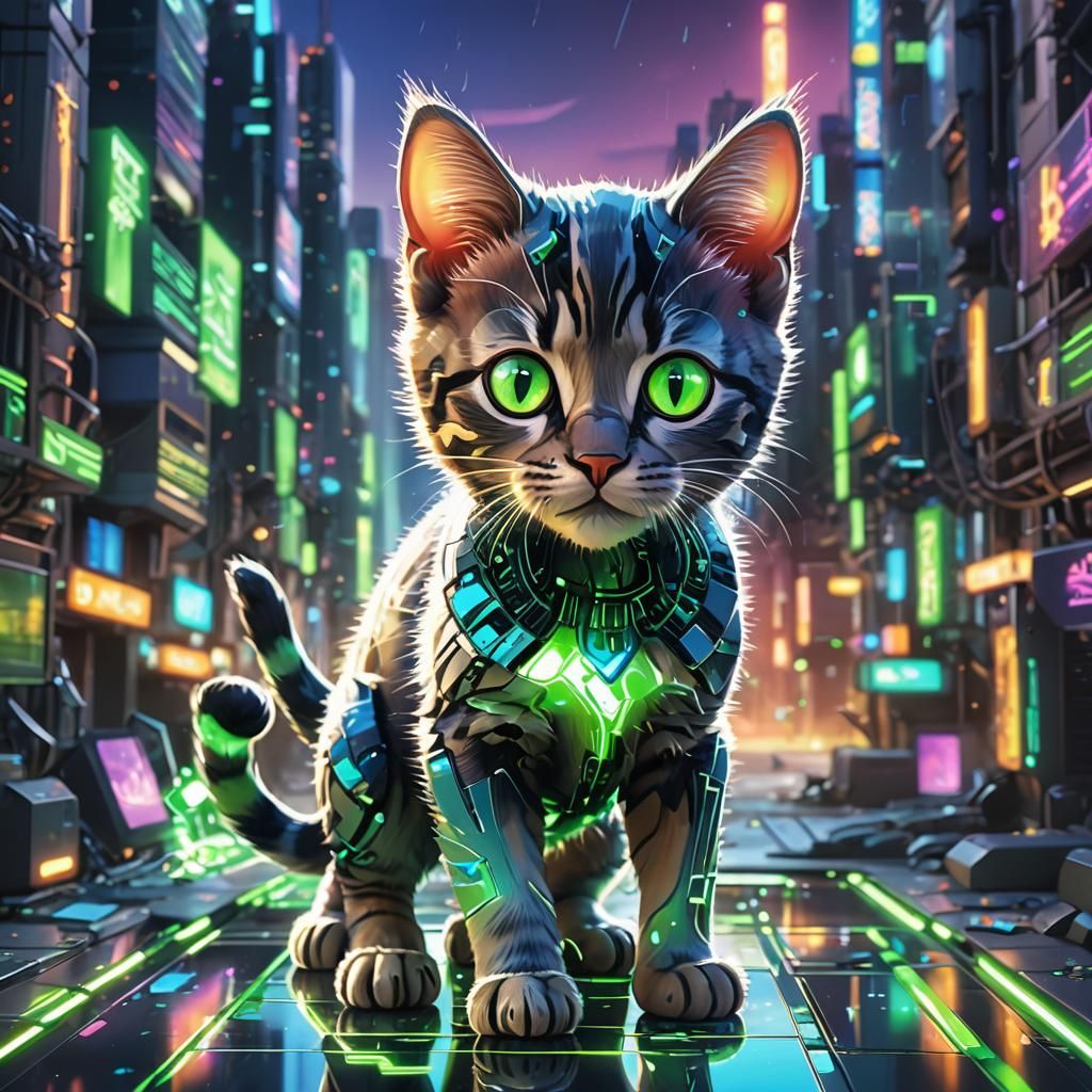 Cartoon Glass Kitten in Metallic Cityscape as 3D Art