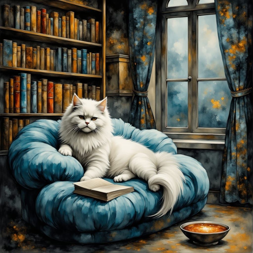 Cat Comfort in Grand Library, Digital Art