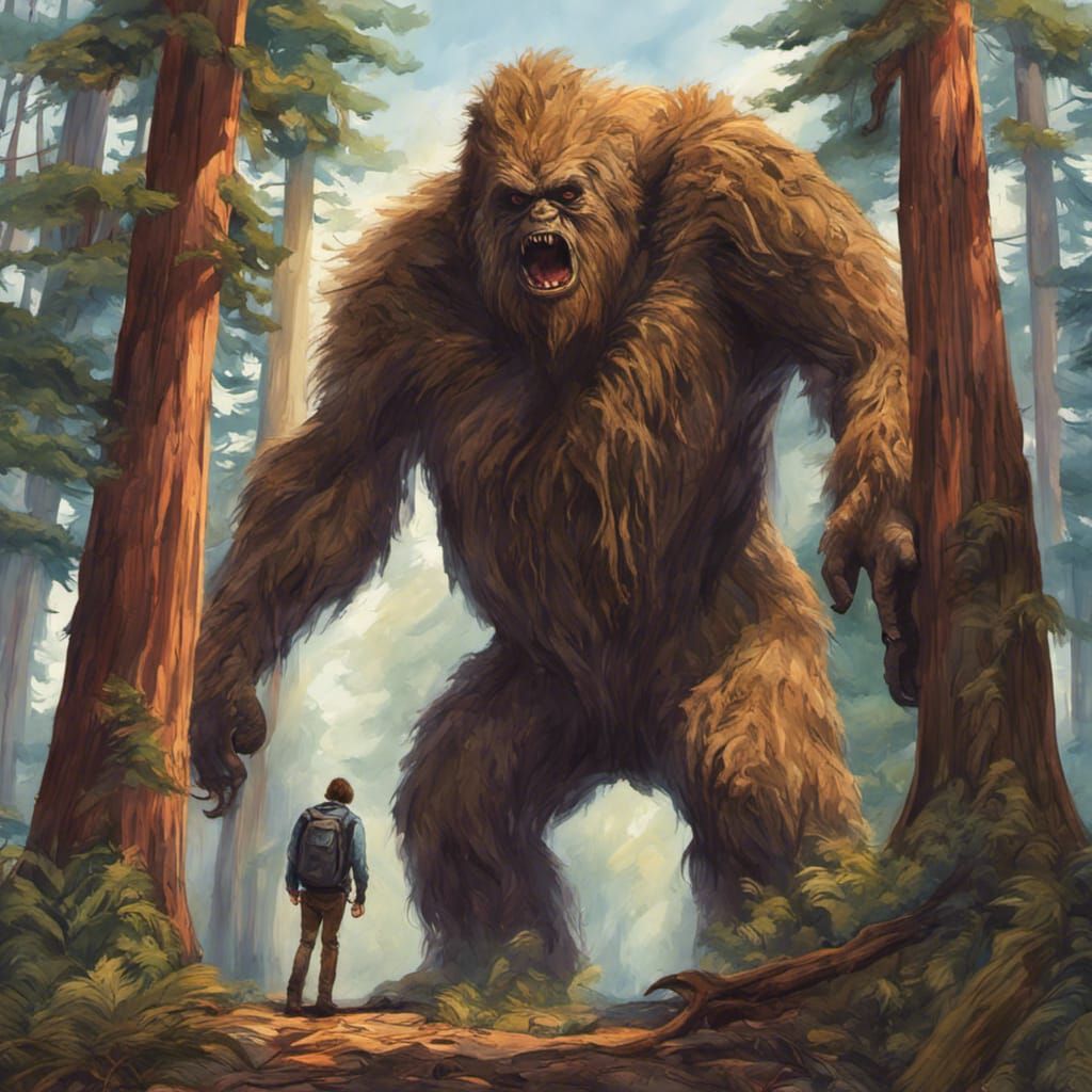 Big Foot Monster in Redwood Forest: Gouache Style