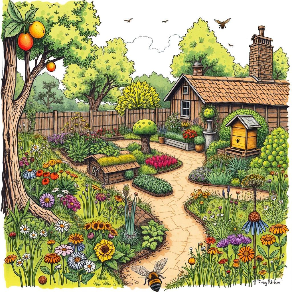 Whimsical Permaculture Garden Design in Earthy Tones