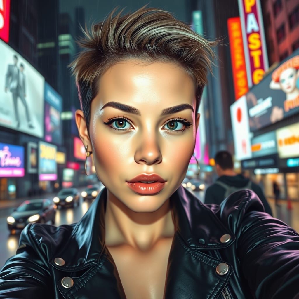 Cyberpunk Cityscape Selfie in Neon Lights