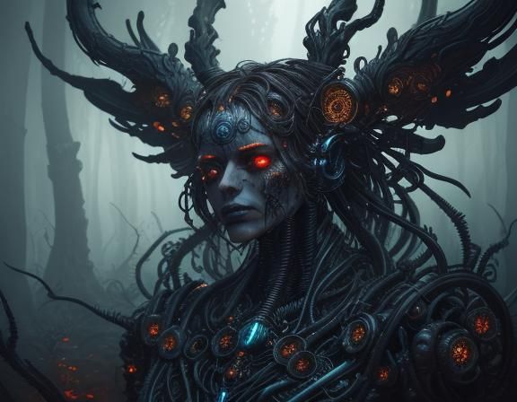 Dark fantasy. Close-up portrait. A forest nymph with antropomorfic features, surrounded by cables, pipes, and mechanical...