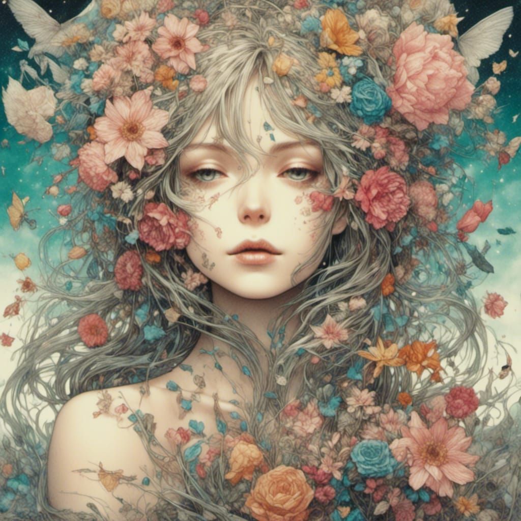 Sensuous Woman with Roses and Butterflies in Artgerm Style