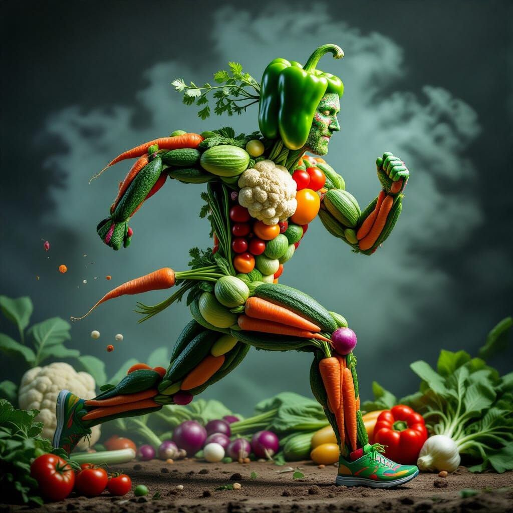 Vegetable Man: Dynamic Figure Composed of Produce