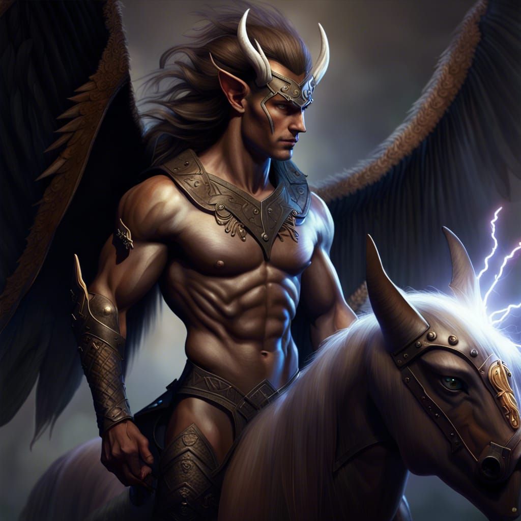 Winged Centaur with Lightning Sword, Hyperrealistic Art