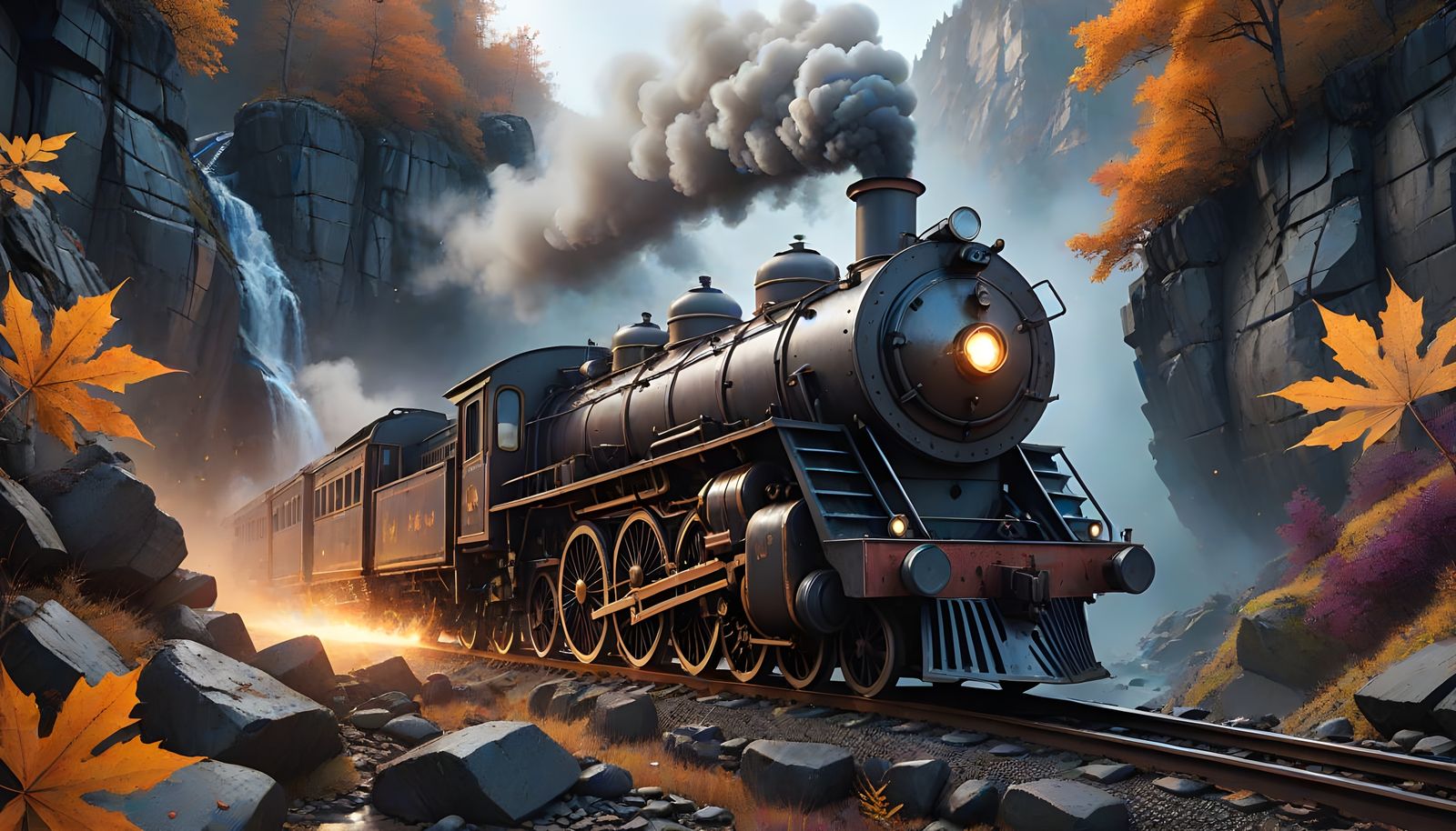 Steampunk Locomotive Rushes Through Autumn Gorge in Hyperrea...