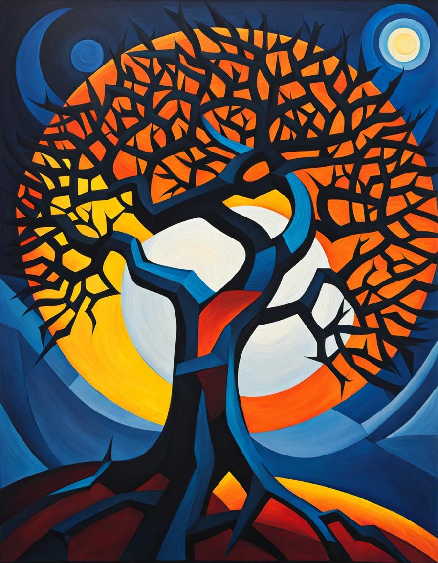 Abstract Cubist Tree Under a Bright Moon
