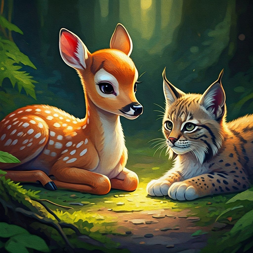 Deer Fawn and Lynx Kitten Friendship in Gouache Style