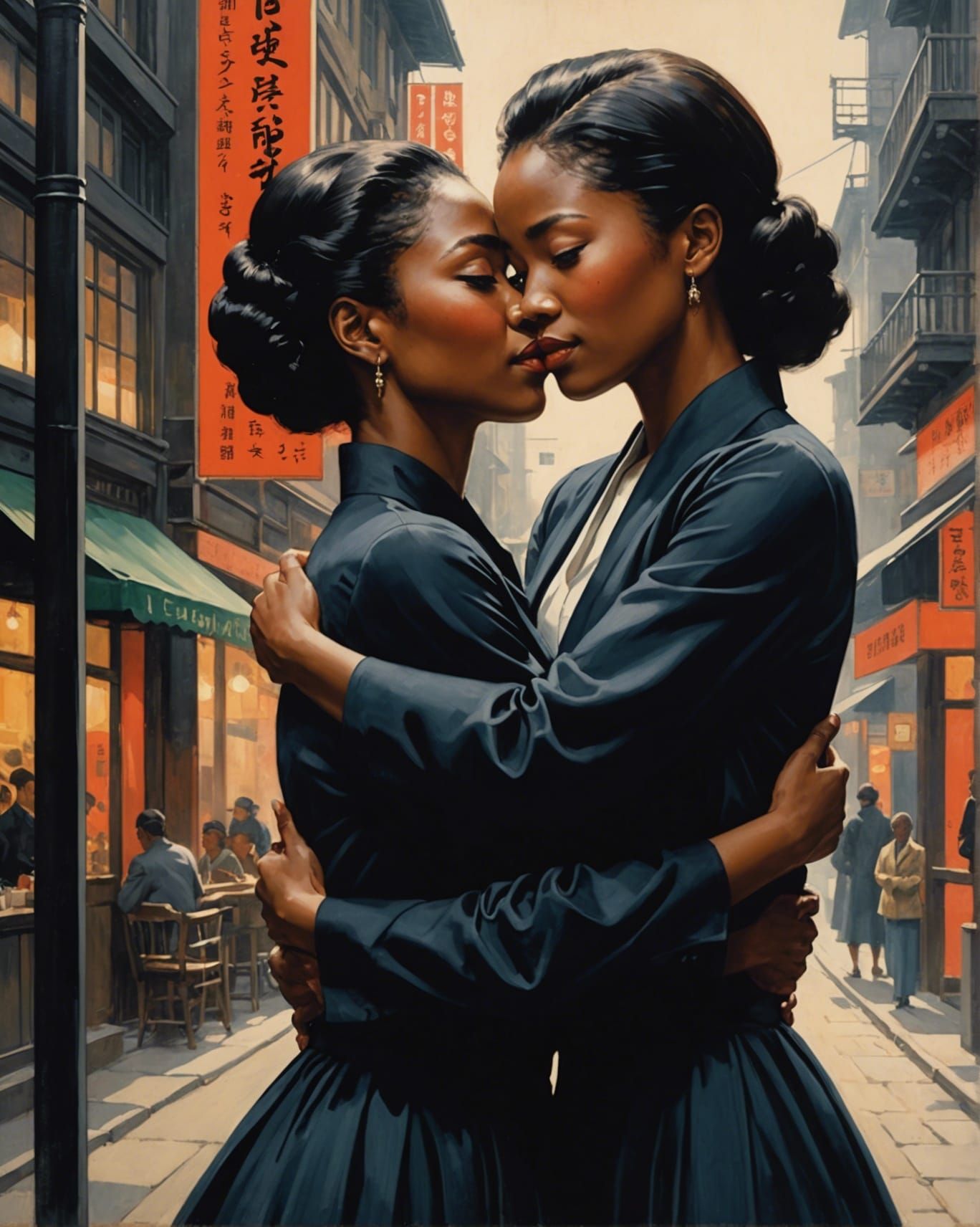 art by Takabatake Kasho, two beautifully elegant women tenderly hugging faces inches apart, breathing each other's air, ...