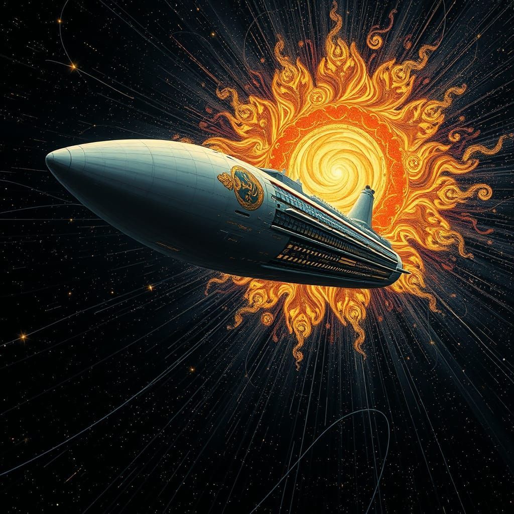 Gustav Klimt-Inspired Interstellar Cruiser in Vortex Tunnel