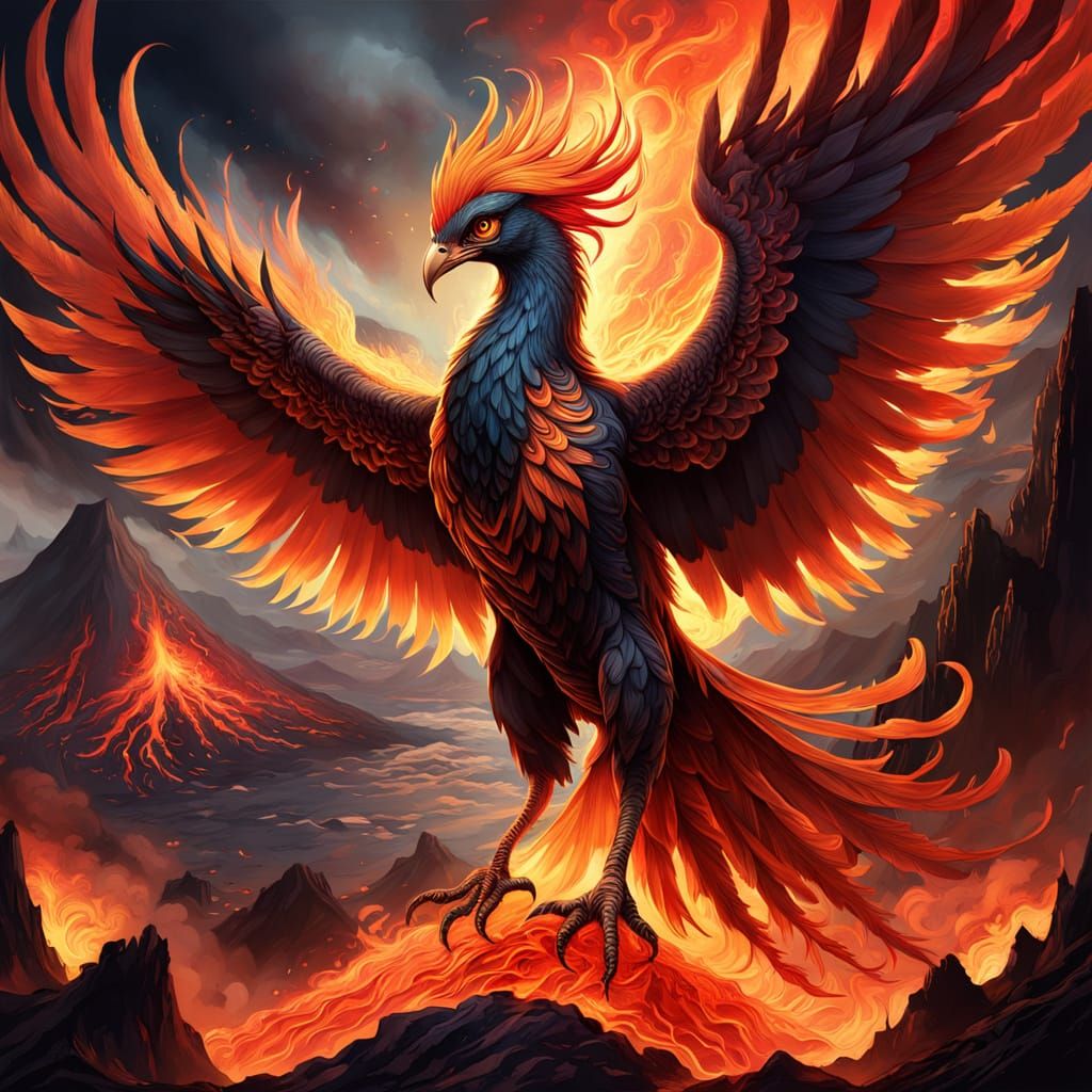 Phoenix Rising from Ashes in Art Nouveau Style
