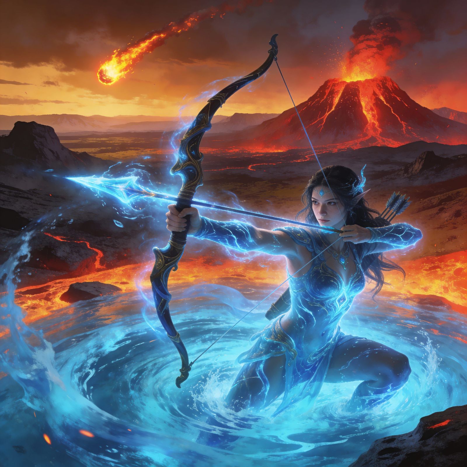 Water Elemental Archer in Volcanic Landscape