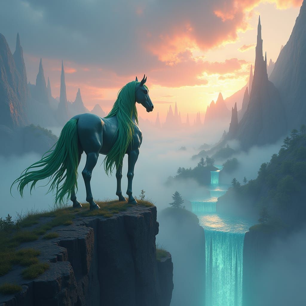 Equine Hero Overlooks Fantasy Landscape