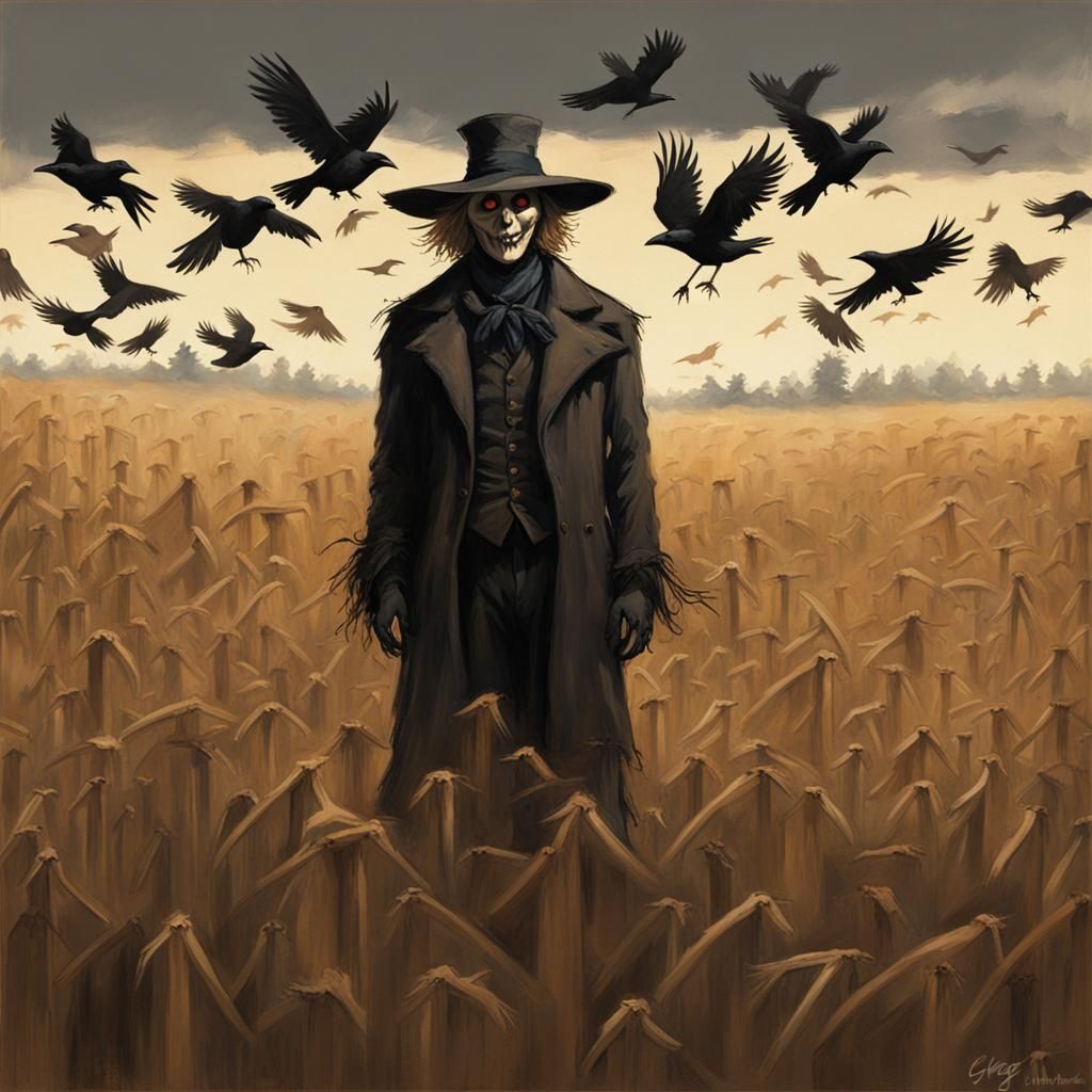 Sinister Scarecrow in Field with Crows