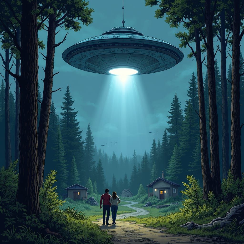 UFO Landing over 1970s Town in Comic Book Style