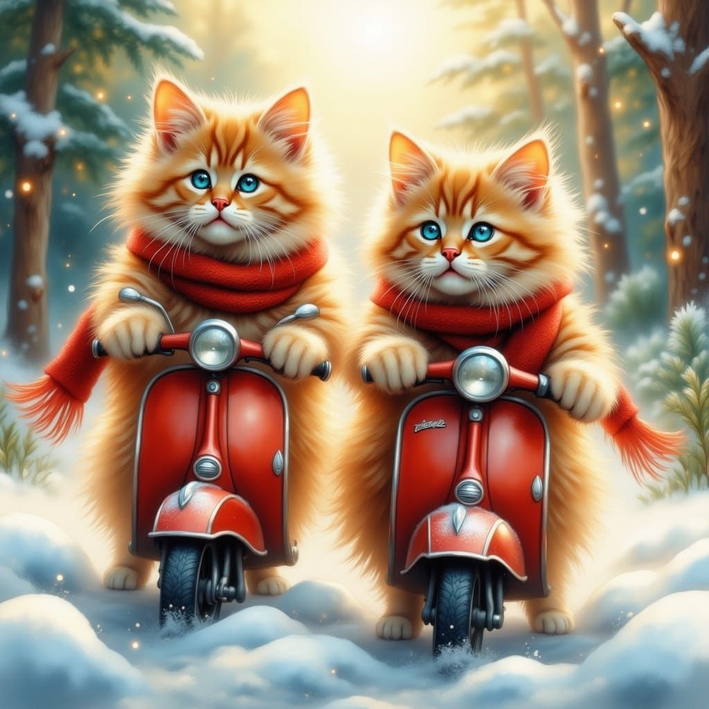 Ginger Kittens Ride Red Scooters in Snowy Wonderland