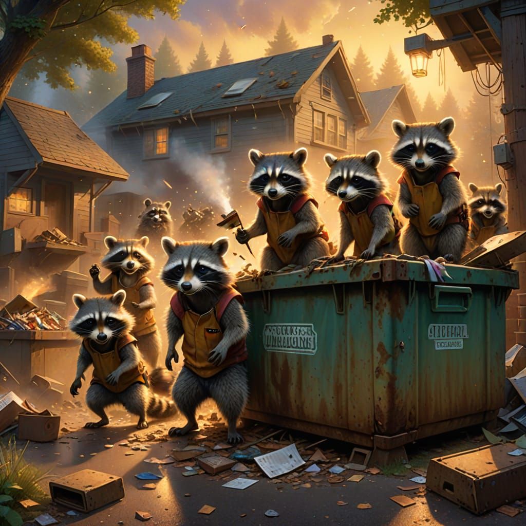 Raccoons Upsetting Dumpster in Ethereal Fantasy Style