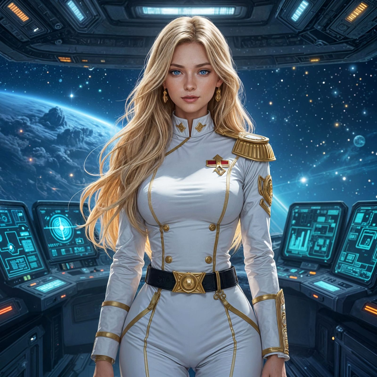 Blonde Woman on Roman Empire Space Cruiser in Anime Style
