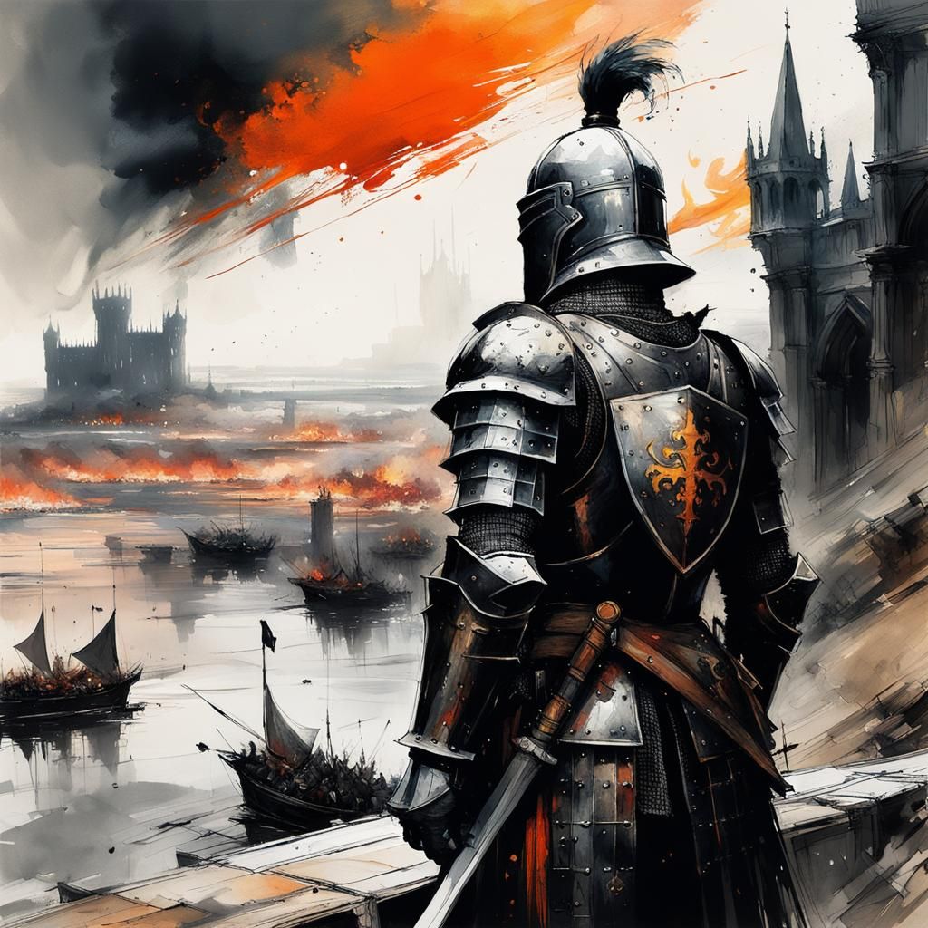Epic Knight Overlooks Fiery Armada in Gouache Style